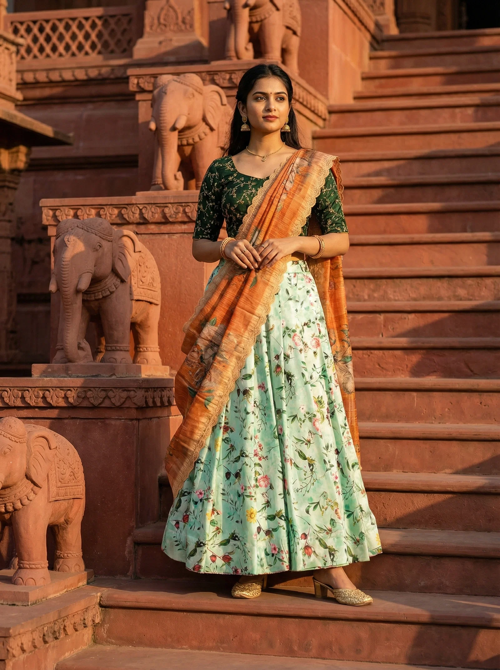 James Green and Orange Flower Shiny Pure Heavy Satin Silk Lehenga