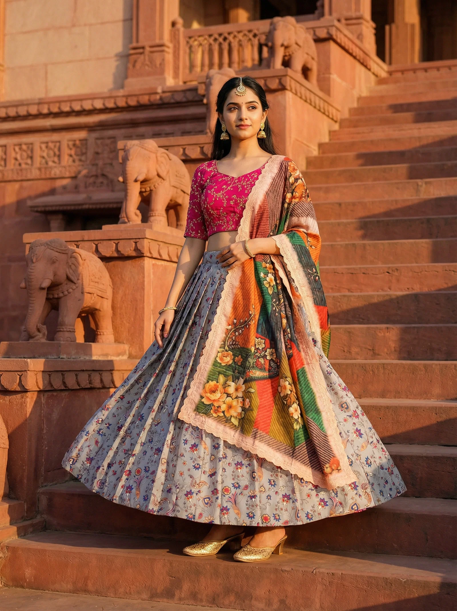 James pink and grey Flower Shiny Pure Heavy Satin Silk Lehenga