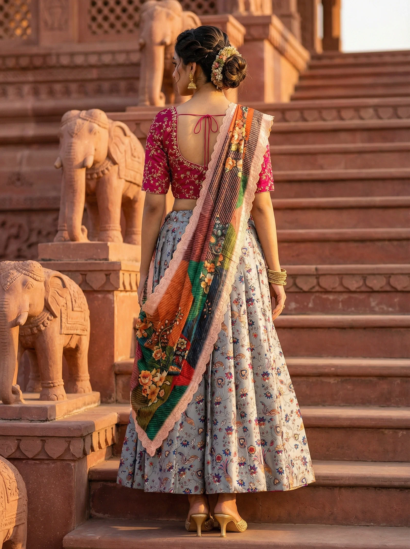 James pink and grey Flower Shiny Pure Heavy Satin Silk Lehenga
