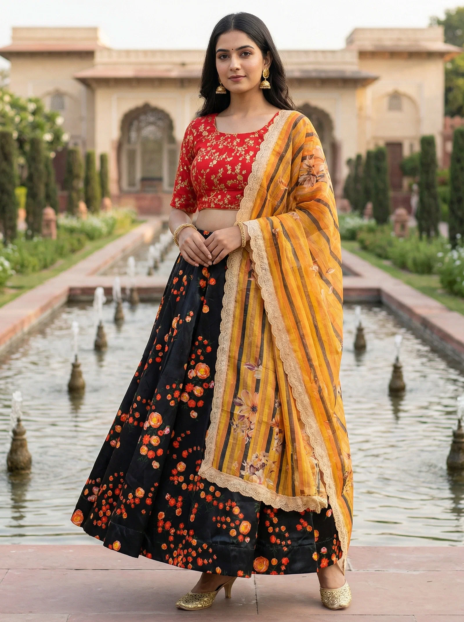 James Yelow And Black Flower Shiny Pure Heavy Satin Silk Lehenga