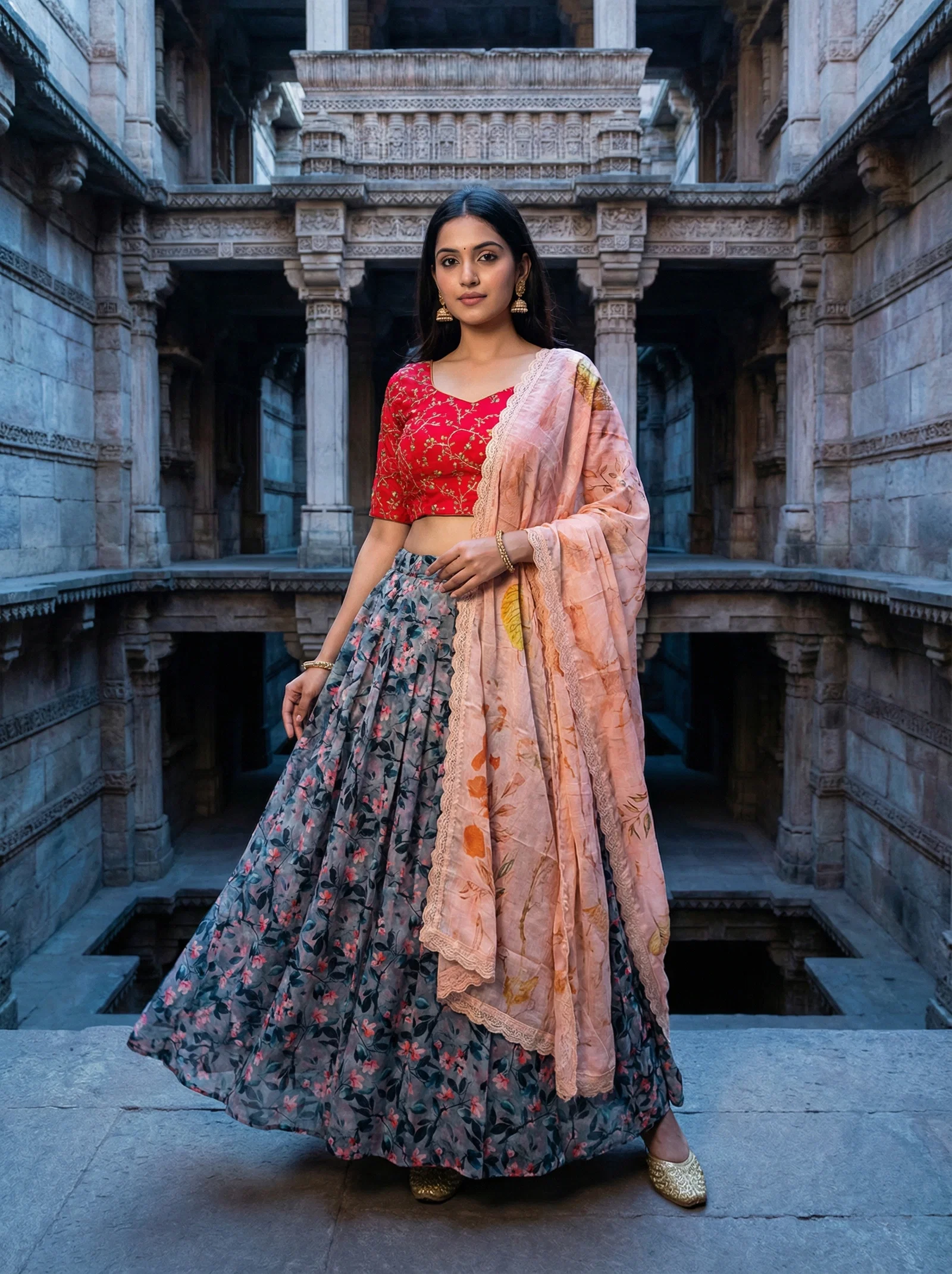 James Red and Pink Line Shiny Pure Heavy Satin Silk Lehenga