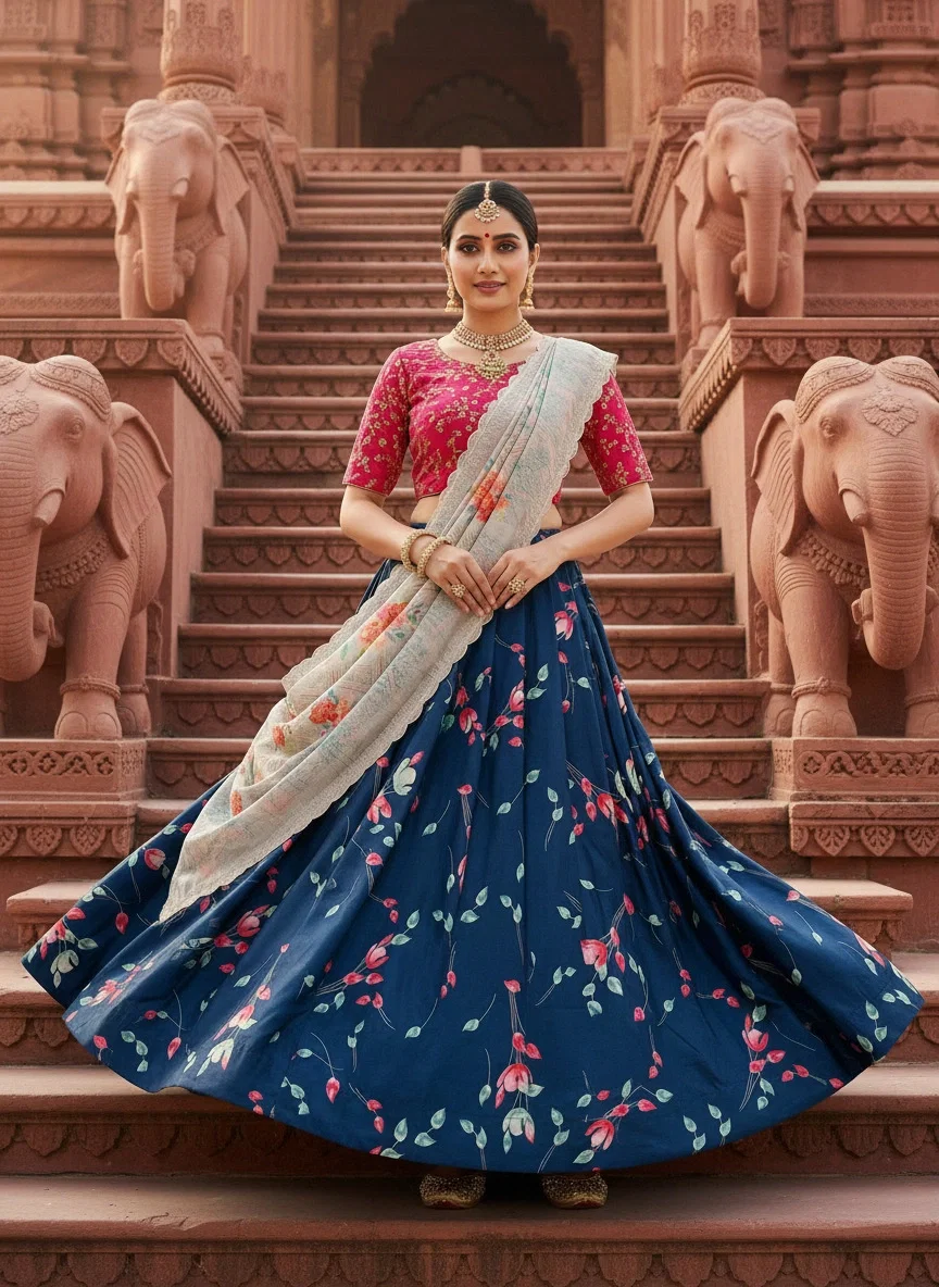 James Pink And Blue Flower Shiny Pure Heavy Satin Silk Lehenga