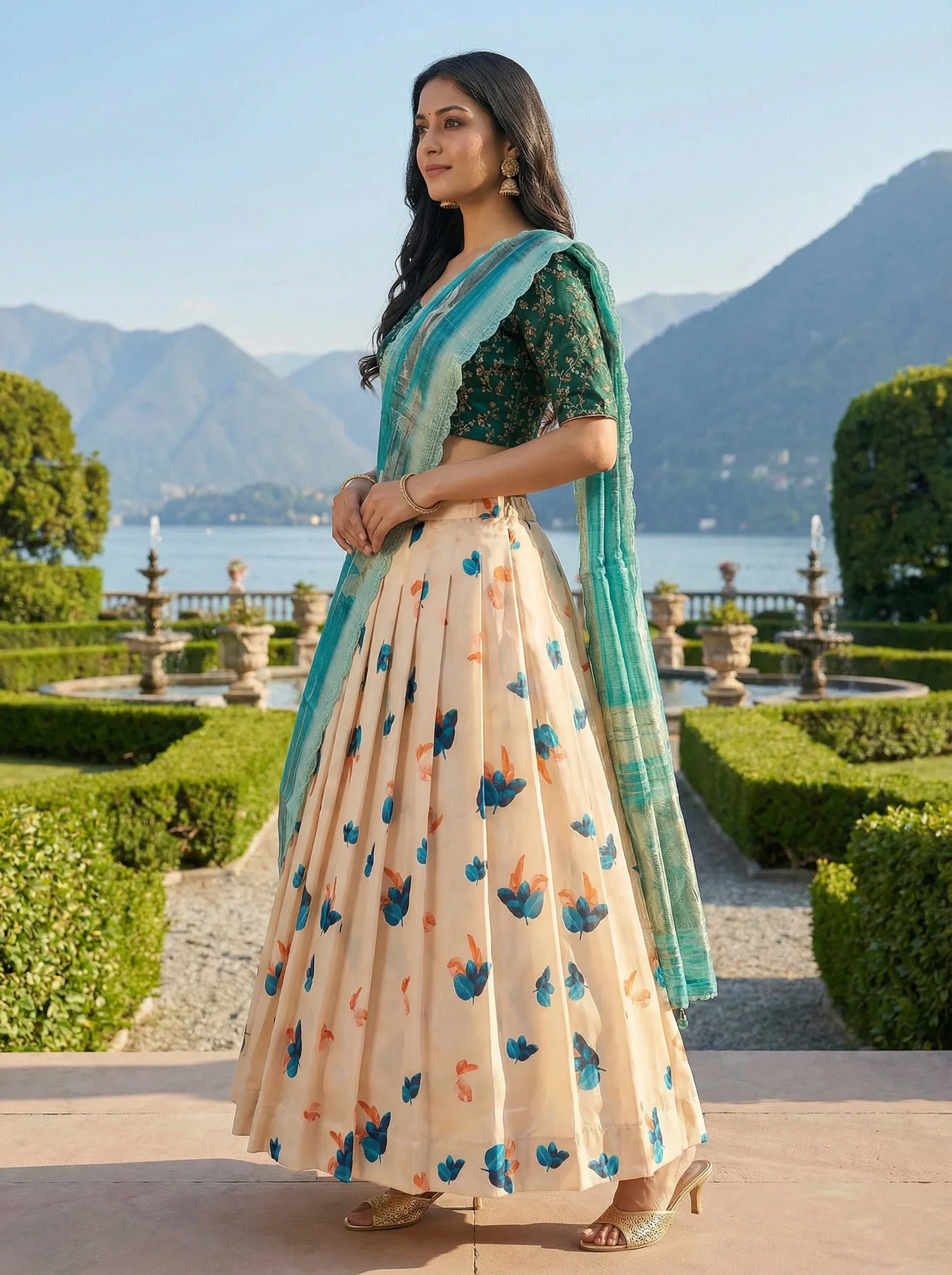 James Blue And White Flower Shiny Pure Heavy Satin Silk Lehenga