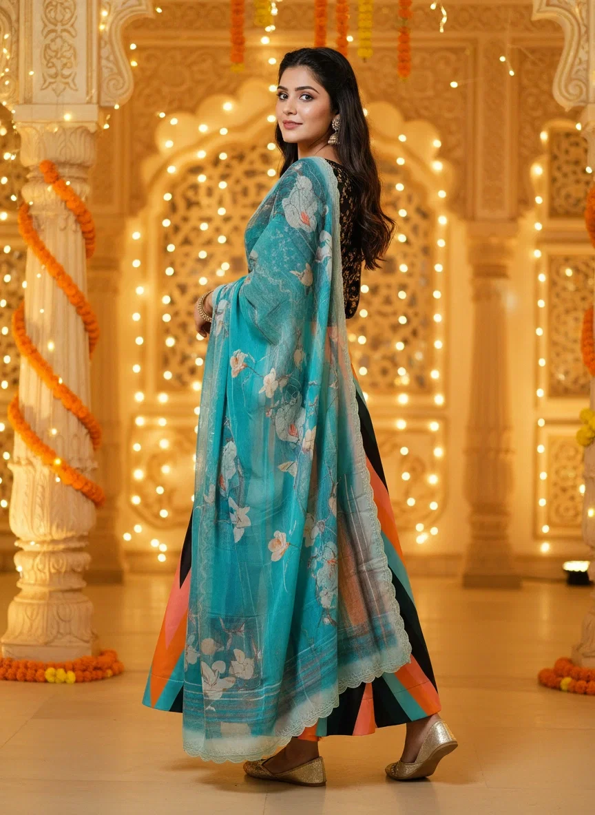 James Blue And Orange Line Shiny Pure Heavy Satin Silk Lehenga