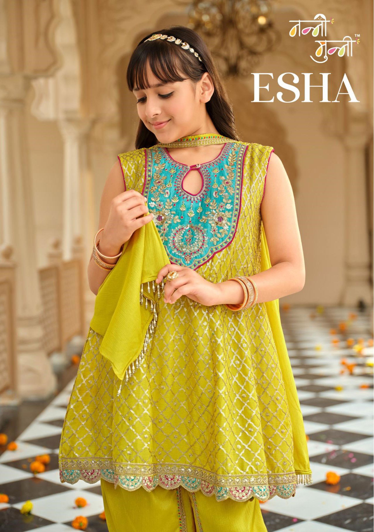 Nanni Munni Esha Chinon With Embroidery Work Top Dhoti And Dupatta
