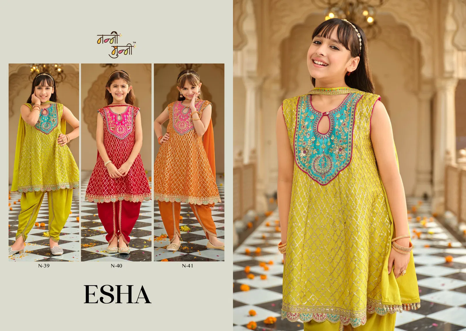 Nanni Munni Esha Chinon With Embroidery Work Top Dhoti And Dupatta
