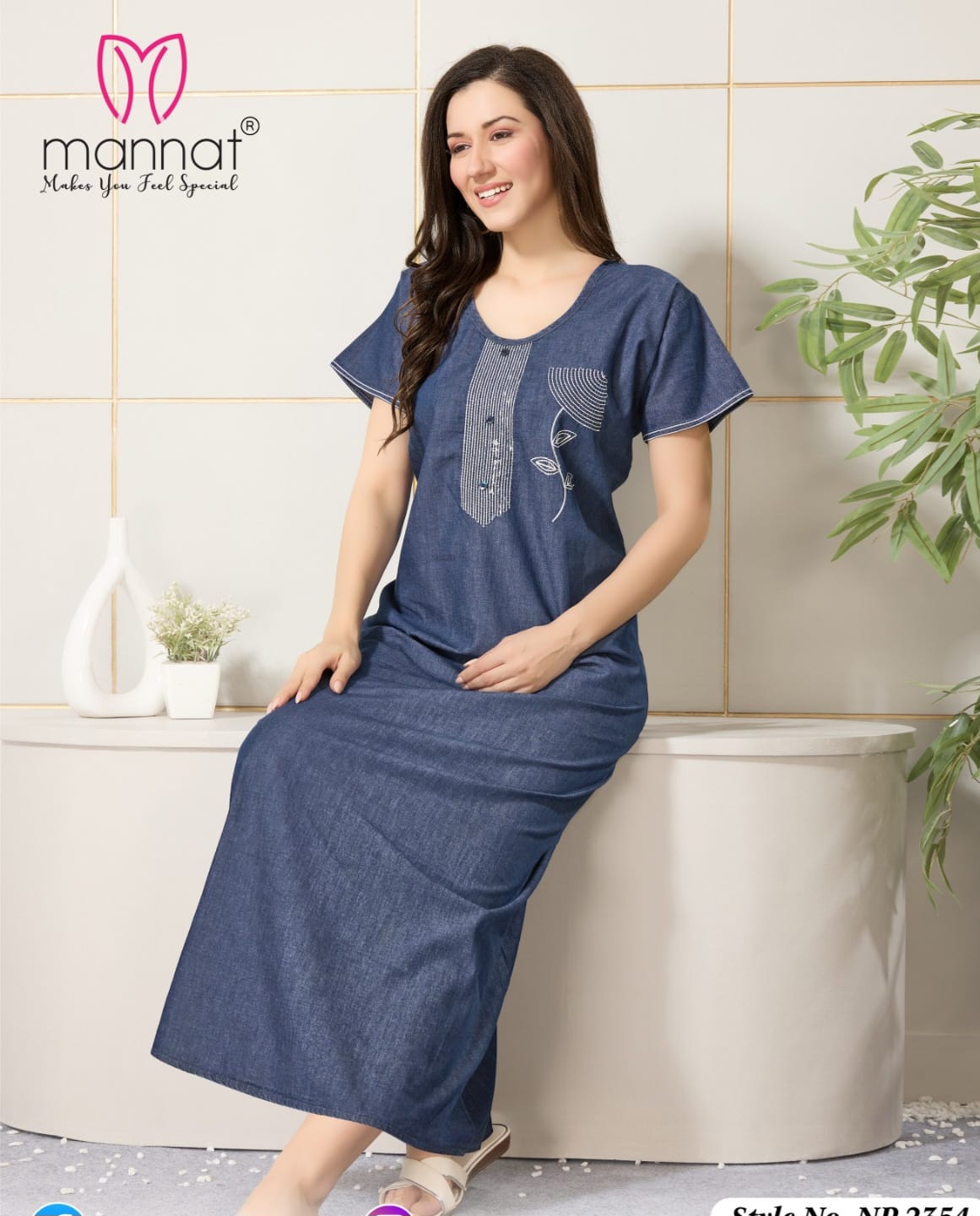 Dnp Mannat Np 2354 Original Denim Gown With Embroidery Side Pocket Nighty