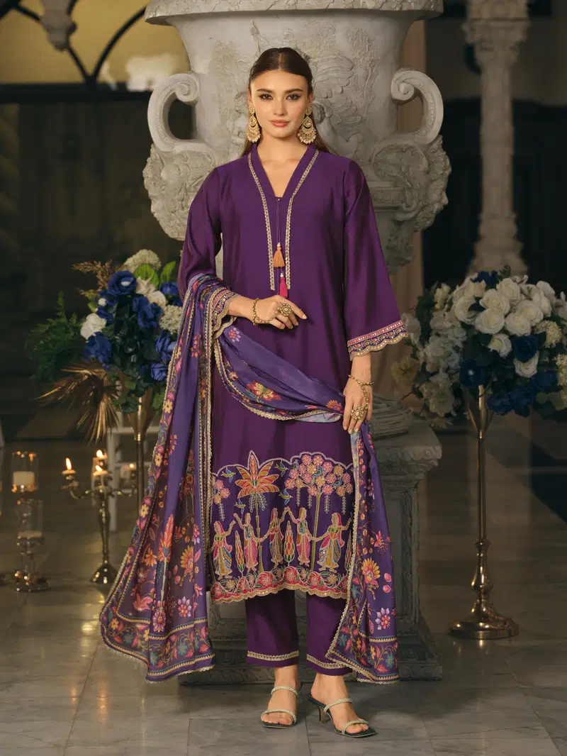 Indo Era 2614 Silk Blend Motifs Dyed Thread Work Kurta With Bottom Dupatta