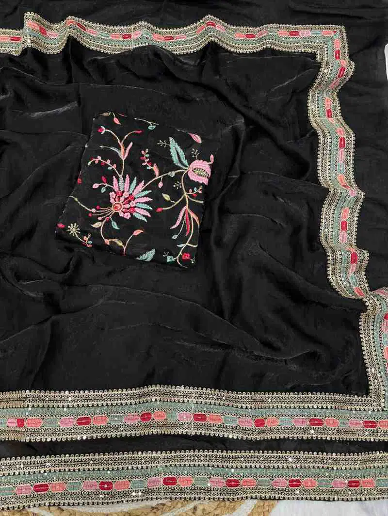 Kc 2093 Space Silk Multi Thread Sequence Embroidery Designer Saree Collection