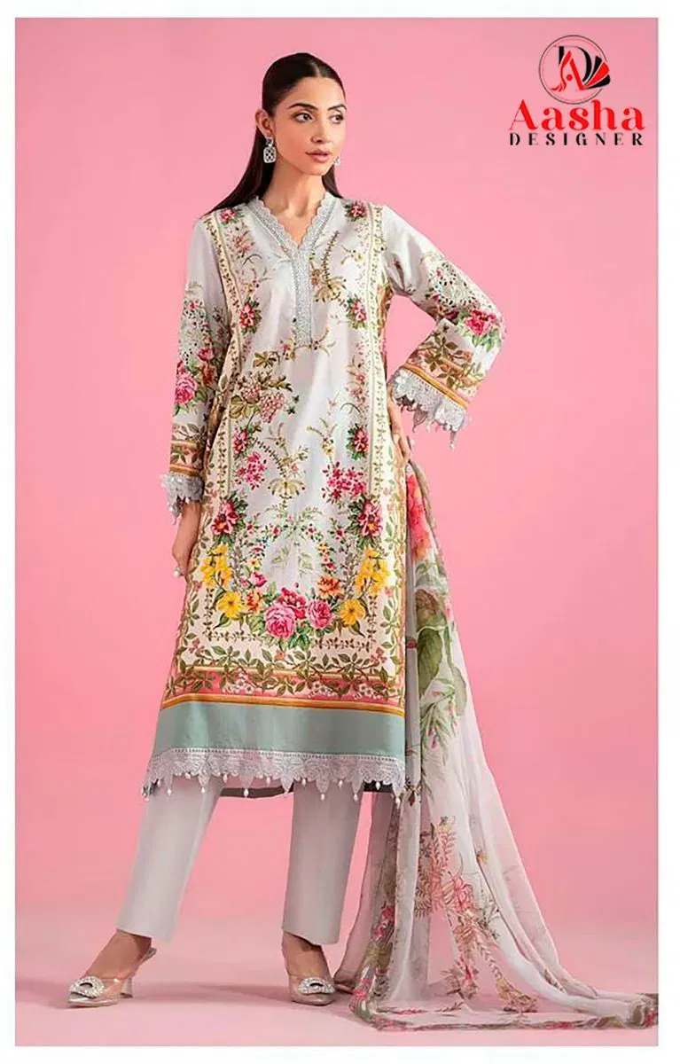 Aasha 1207 Chiffon Dupatta Cotton Print Embroidery Pakistani Salwar Kameez