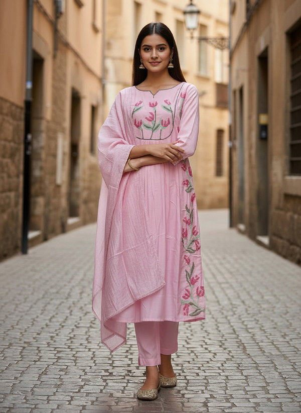 Navya Kurti 223 Party Wear Embroidery Worked Pure Cottonwith Pant and Dupatta Set