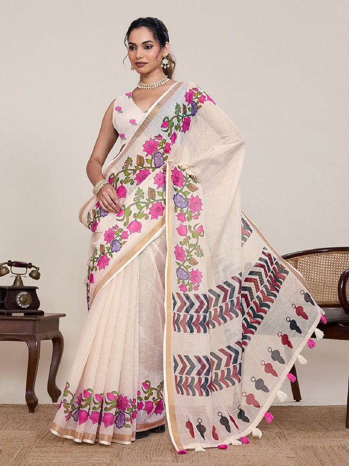 Maahi 216 Casual Wear Printed Linen Saree with Zari Lace Border 