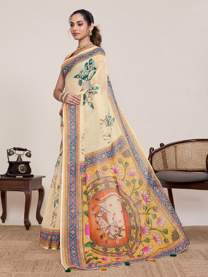 Maahi 216 Casual Wear Printed Linen Saree with Zari Lace Border 