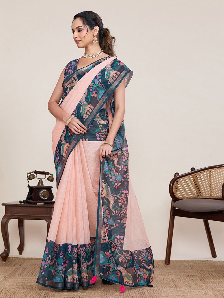 Maahi 216 Casual Wear Printed Linen Saree with Zari Lace Border 