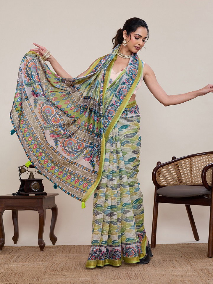 Maahi 216 Casual Wear Printed Linen Saree with Zari Lace Border 