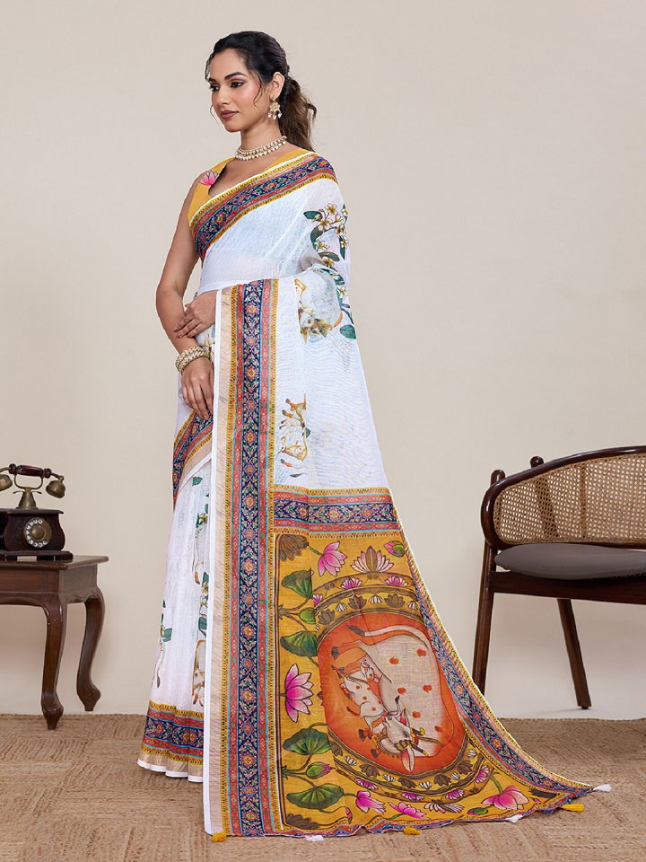 Maahi 216 Casual Wear Printed Linen Saree with Zari Lace Border 