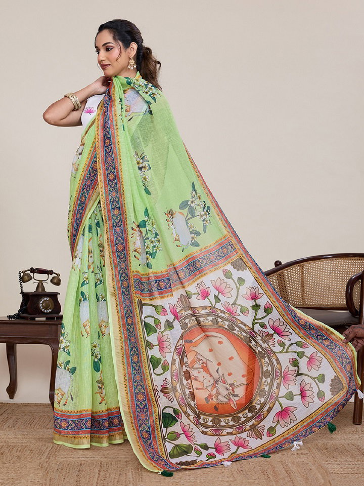 Maahi 216 Casual Wear Printed Linen Saree with Zari Lace Border 