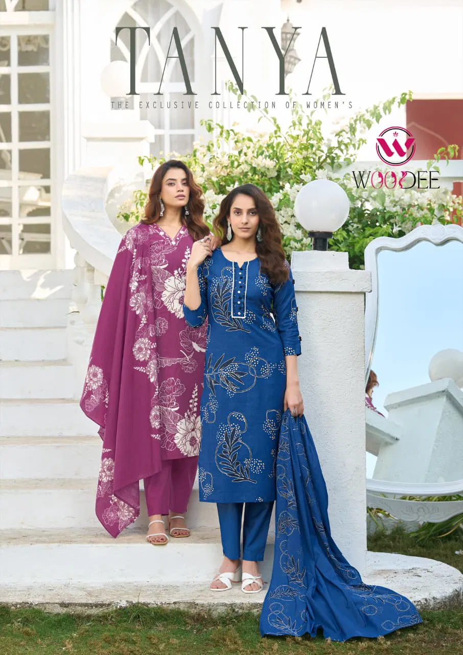 Woodee Tanya Viscose Vertican Mirror Handwork Kurti Pant And Dupatta
