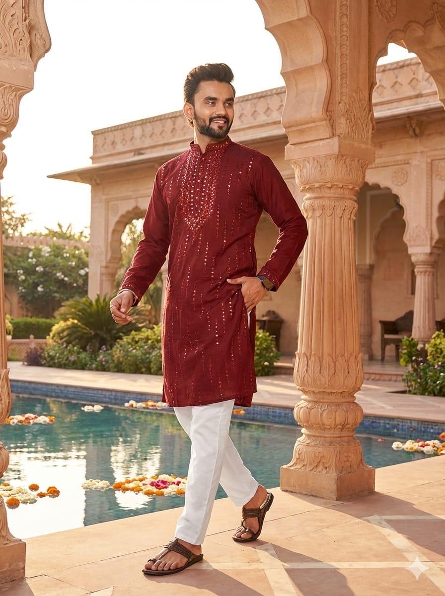 lekha Sal 5 Roman Silk Embroidery And Mirror Work Mens Kurta Pajama