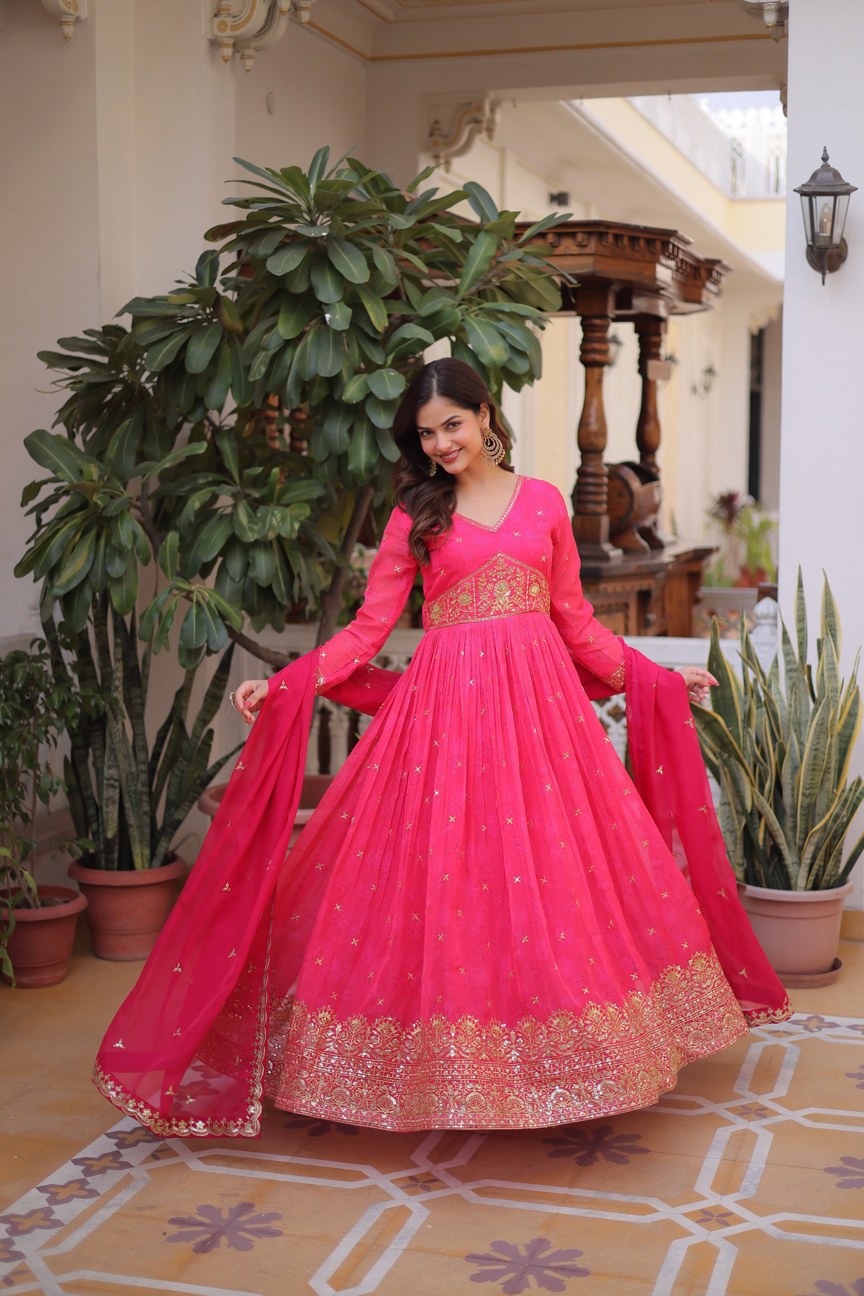 Lekha KA 1235 Russian Silk Embroidery Zari Sequins Work Gown With Dupatta
