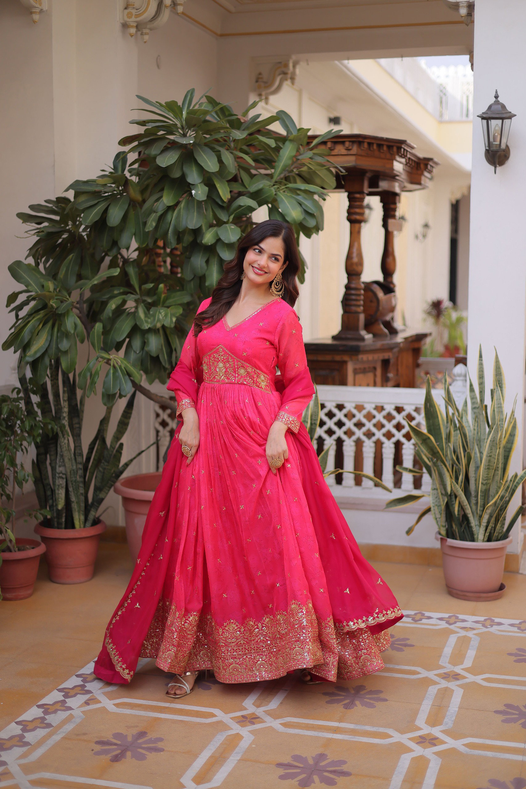 Lekha KA 1235 Russian Silk Embroidery Zari Sequins Work Gown With Dupatta