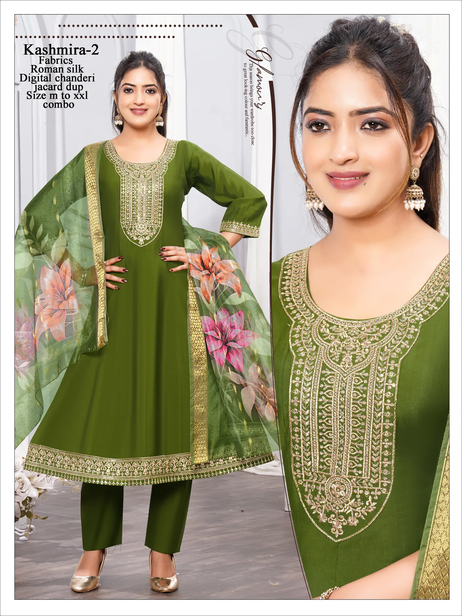 Asha Kashmira 1 To 8 Roman Silk Embroidery Kurti With Bottom Dupatta Set