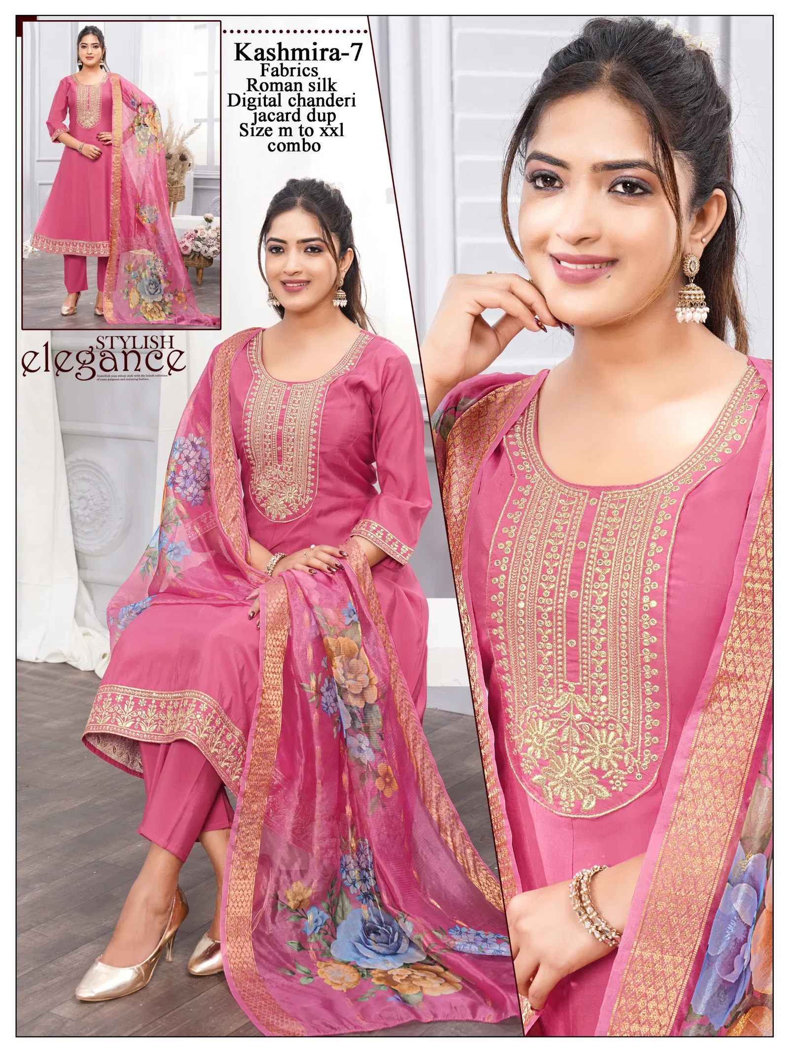 Asha Kashmira 1 To 8 Roman Silk Embroidery Kurti With Bottom Dupatta Set