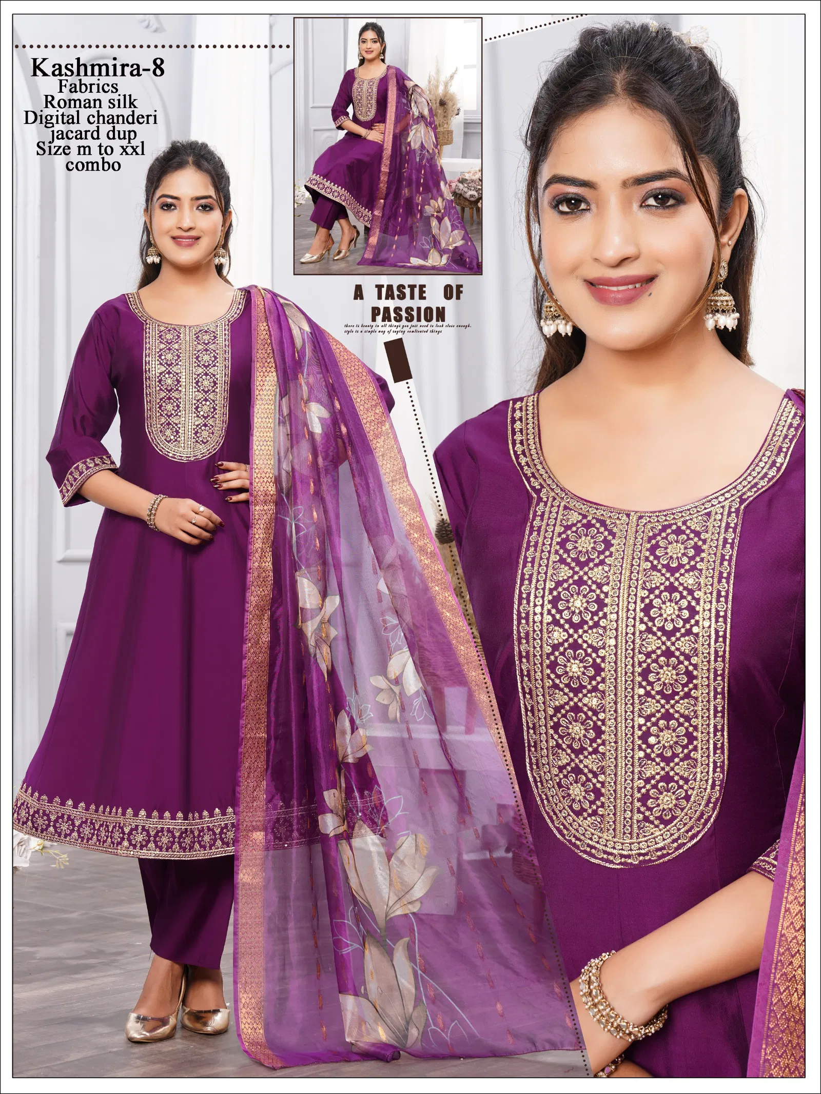Asha Kashmira 1 To 8 Roman Silk Embroidery Kurti With Bottom Dupatta Set