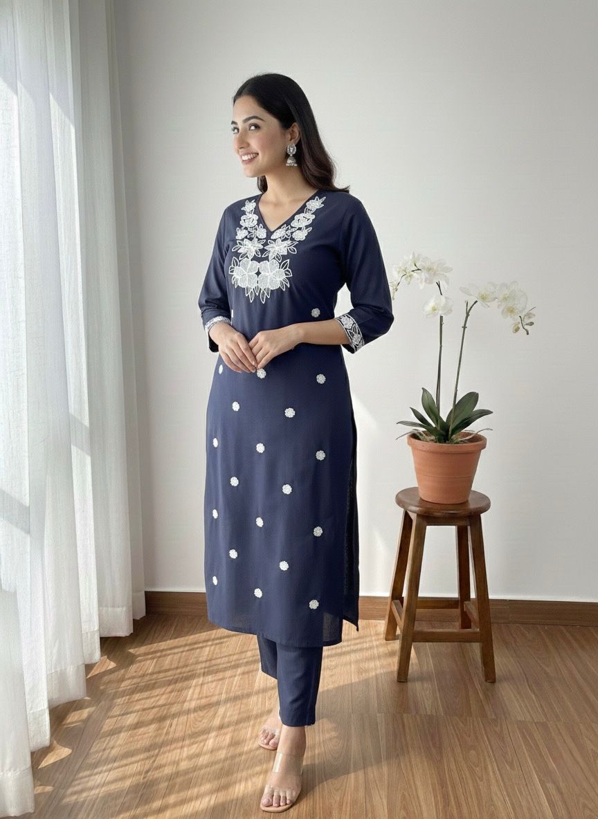 NCO 43 Khadi Cotton Embroidery Kurti With Pant
