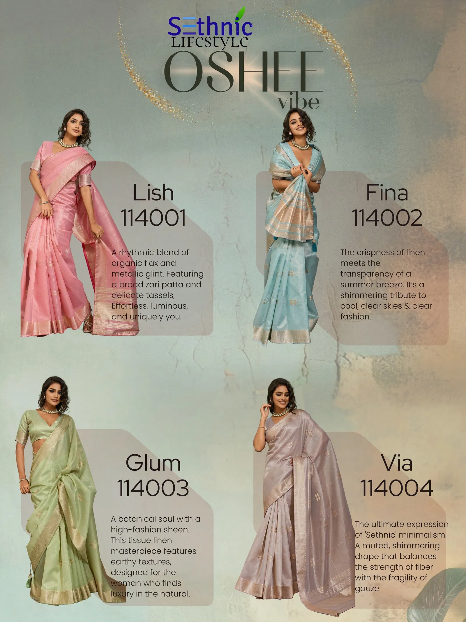 Sethnic Oshee Vibe Tissue Linen Zari Woven Festival Wear Saree Collection