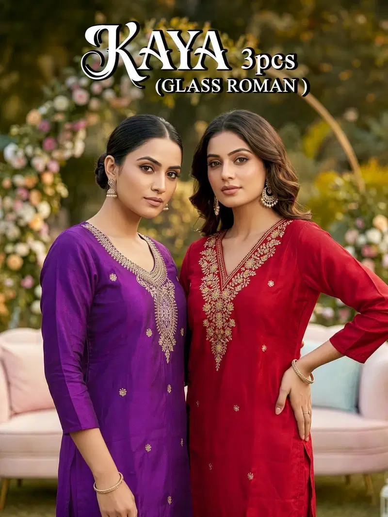 Kaya D No 1001 To 08 Glass Roman Heavy Embroidery Kurti With Bottom Dupatta