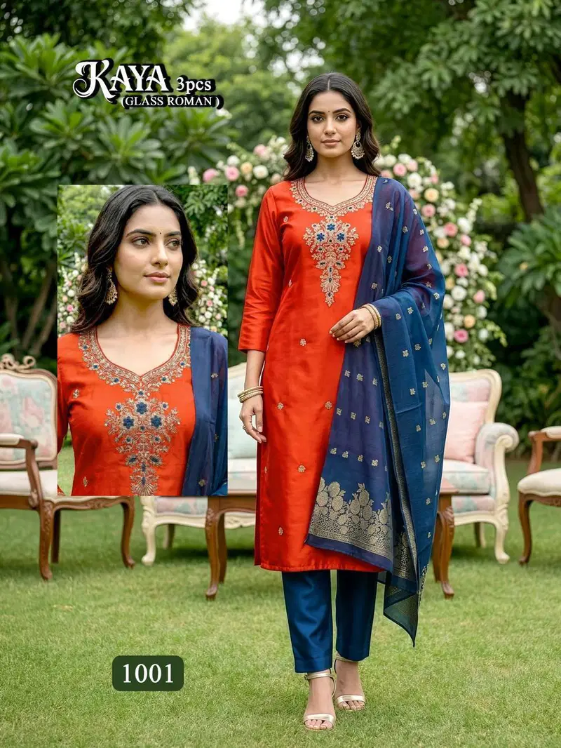 Kaya D No 1001 To 08 Glass Roman Heavy Embroidery Kurti With Bottom Dupatta