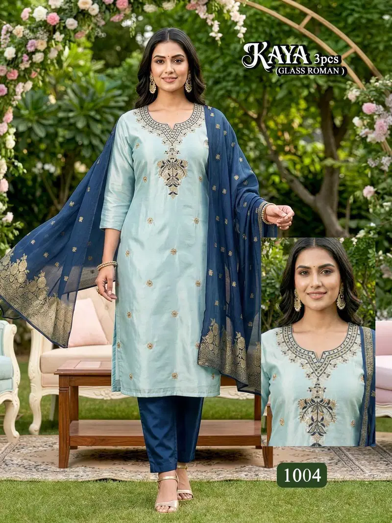 Kaya D No 1001 To 08 Glass Roman Heavy Embroidery Kurti With Bottom Dupatta