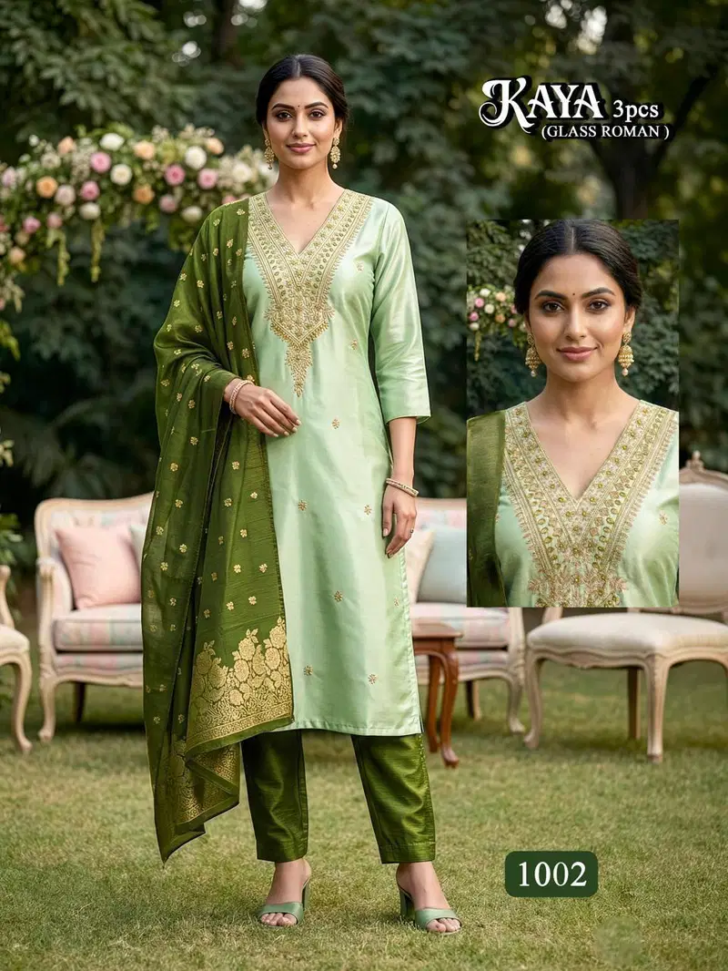 Kaya D No 1001 To 08 Glass Roman Heavy Embroidery Kurti With Bottom Dupatta