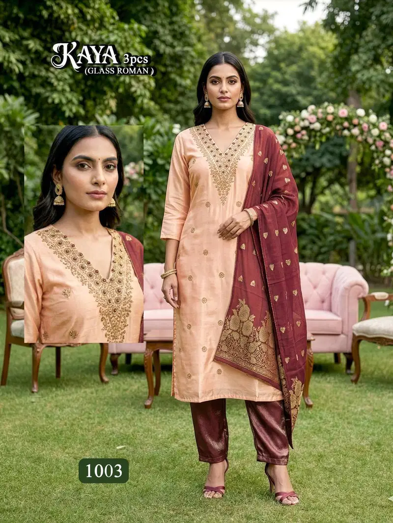 Kaya D No 1001 To 08 Glass Roman Heavy Embroidery Kurti With Bottom Dupatta