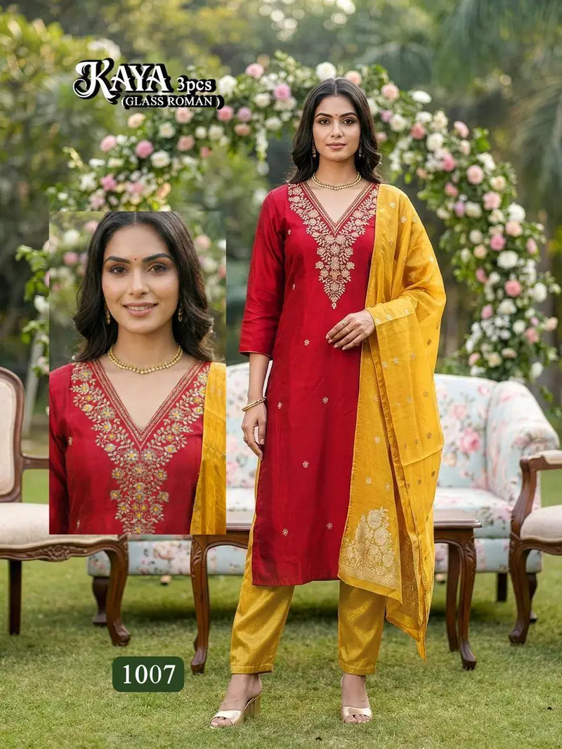 Kaya D No 1001 To 08 Glass Roman Heavy Embroidery Kurti With Bottom Dupatta