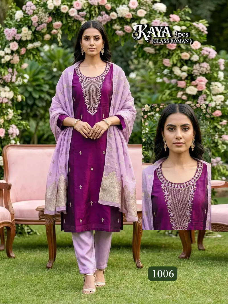 Kaya D No 1001 To 08 Glass Roman Heavy Embroidery Kurti With Bottom Dupatta