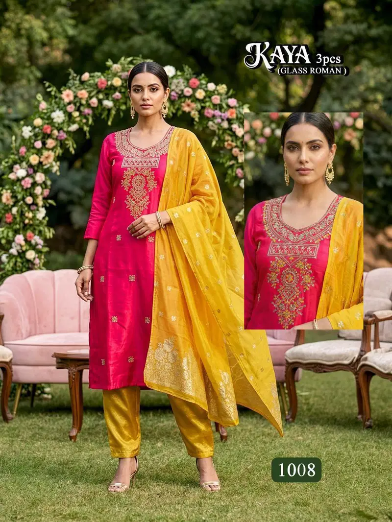 Kaya D No 1001 To 08 Glass Roman Heavy Embroidery Kurti With Bottom Dupatta
