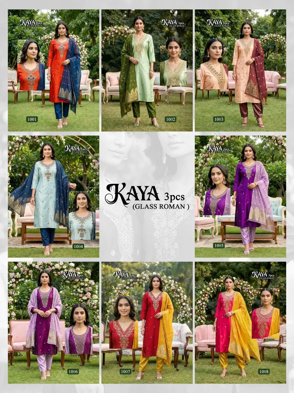 Kaya D No 1001 To 08 Glass Roman Heavy Embroidery Kurti With Bottom Dupatta