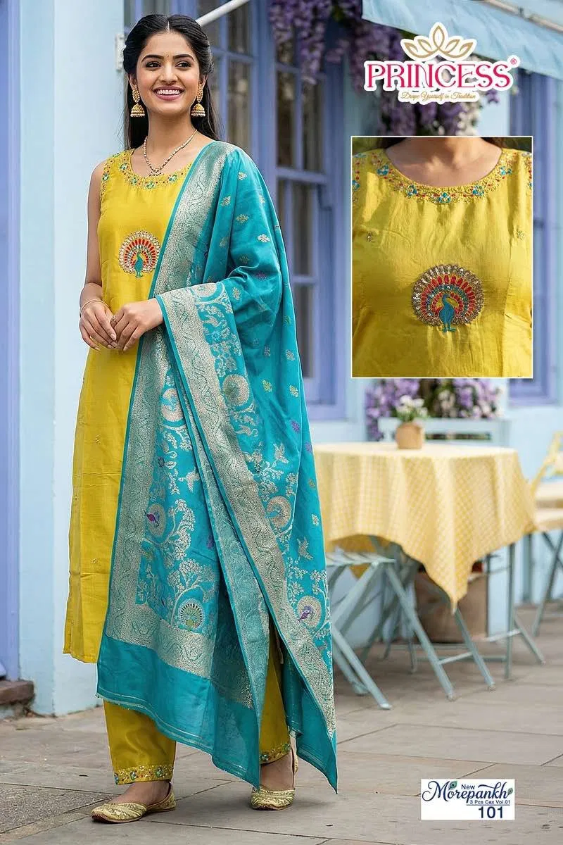 New Morepankh Vol 1 Roman Silk Hand Worked Kurti With Bottom Dupatta