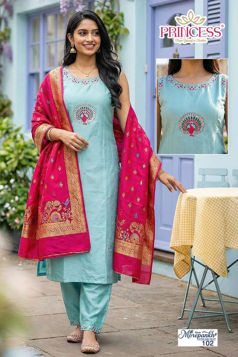 New Morepankh Vol 1 Roman Silk Hand Worked Kurti With Bottom Dupatta