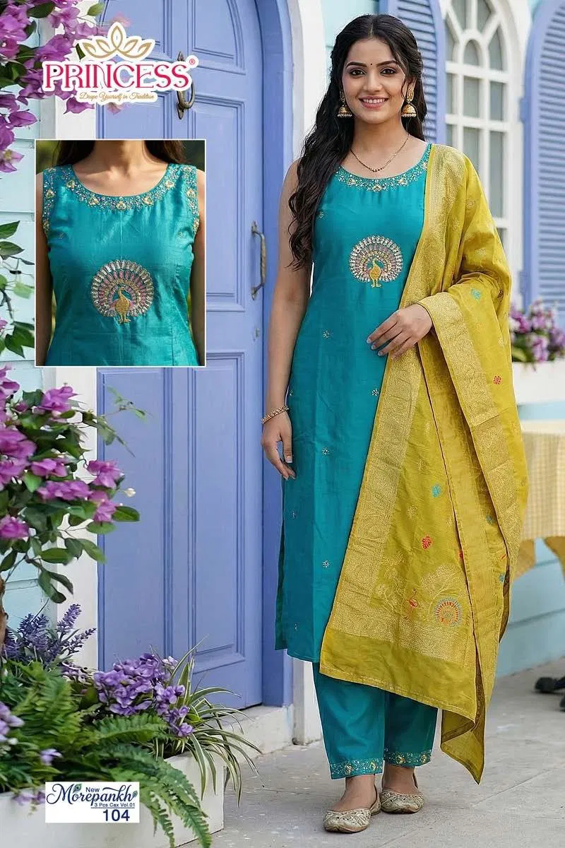 New Morepankh Vol 1 Roman Silk Hand Worked Kurti With Bottom Dupatta