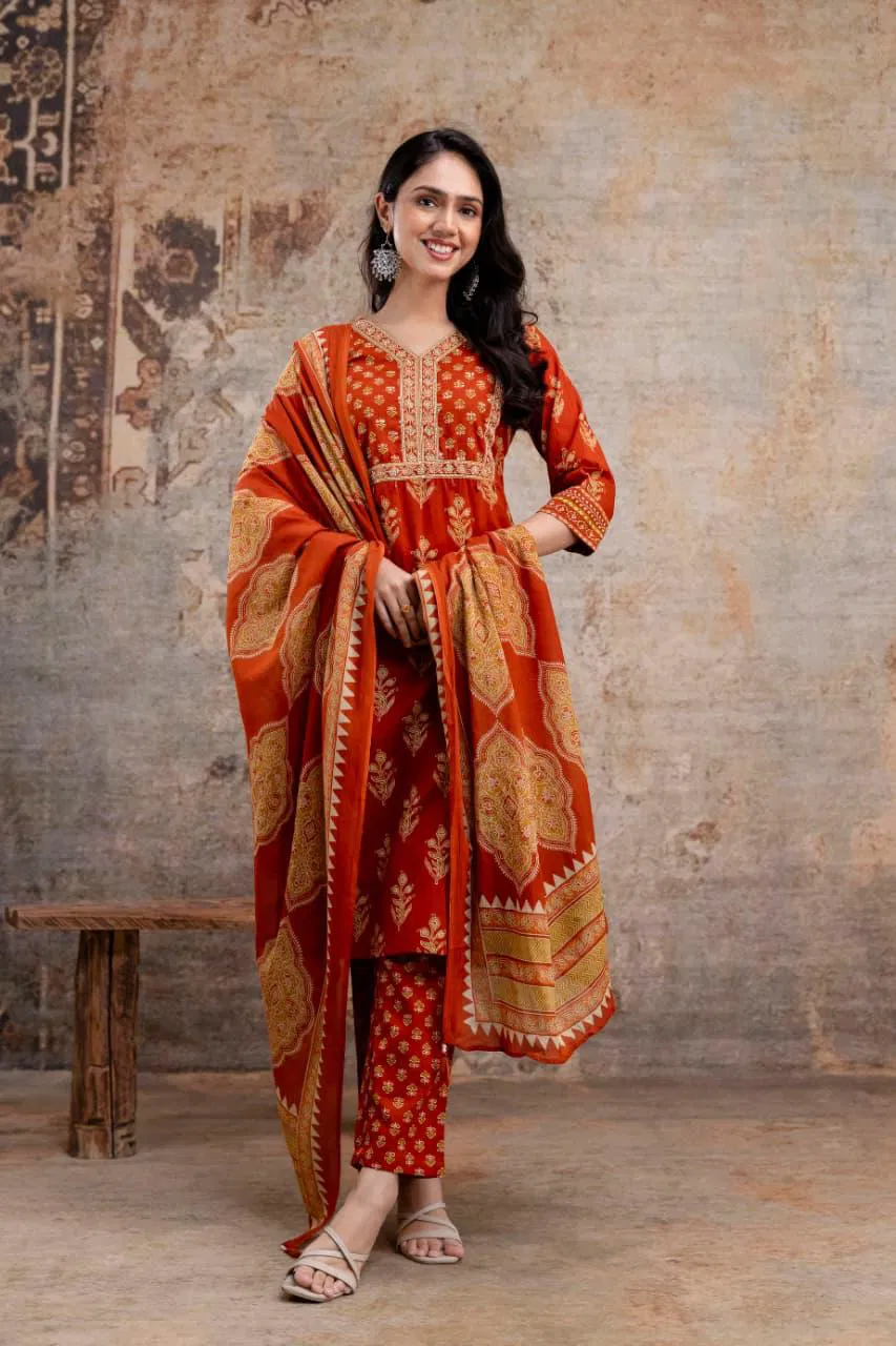 Naisha K 720 Cotton Printed Work Festival Wear Kurti Pant And Dupatta