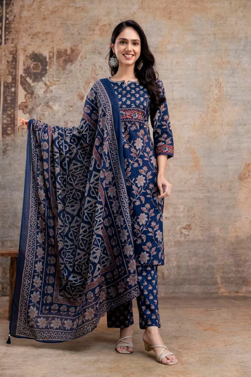 Naisha K 720 Cotton Printed Work Festival Wear Kurti Pant And Dupatta
