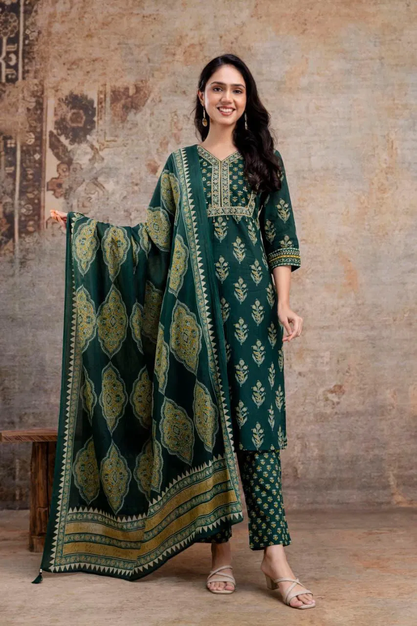 Naisha K 720 Cotton Printed Work Festival Wear Kurti Pant And Dupatta