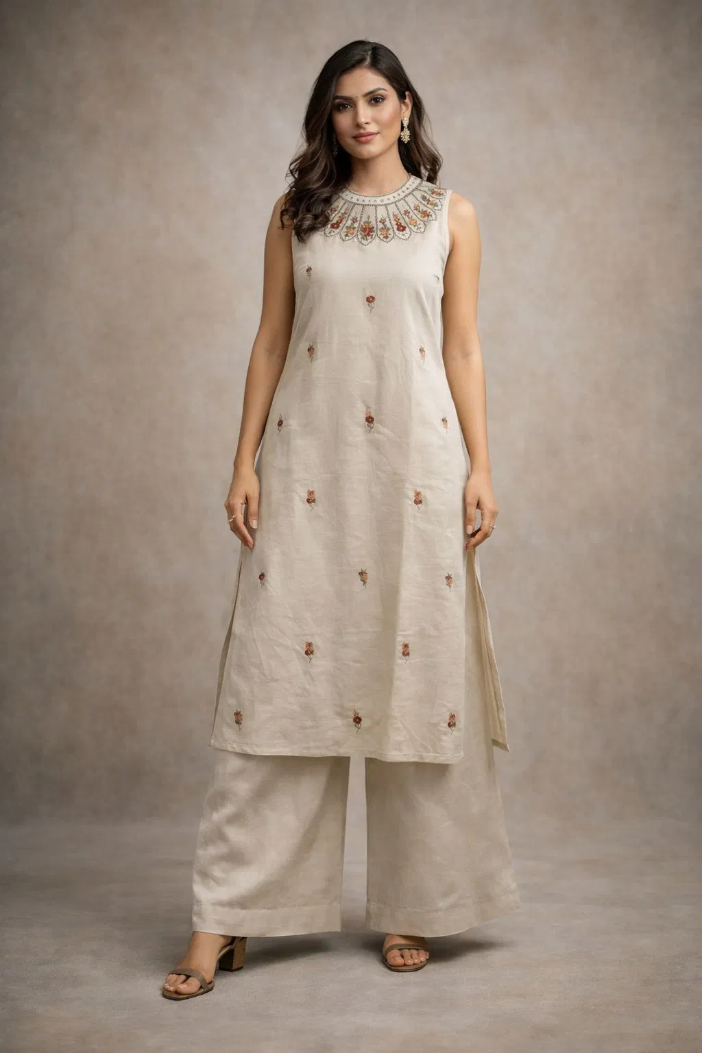 Naisha K 722 Cotton Flex Embroidery Work Sleeveless Top And Bottom Collection