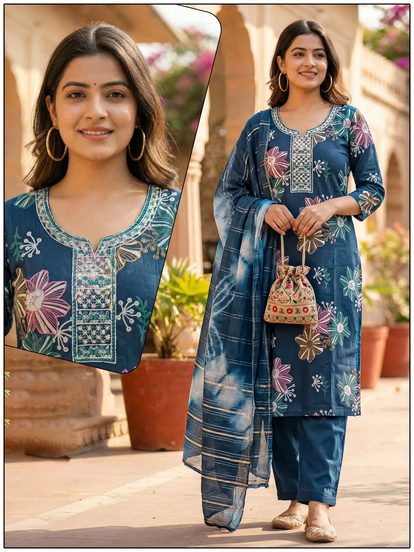 Naisha K 724 Vertican Discharge Print Kurti Pant And Dupatta Collection