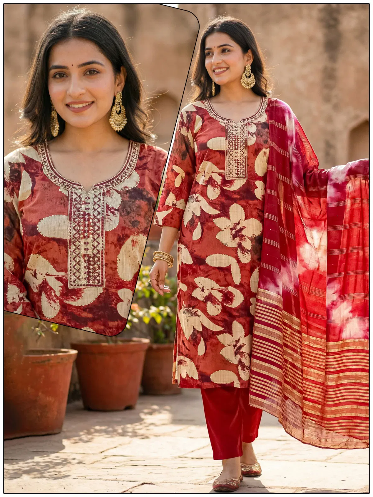 Naisha K 724 Vertican Discharge Print Kurti Pant And Dupatta Collection