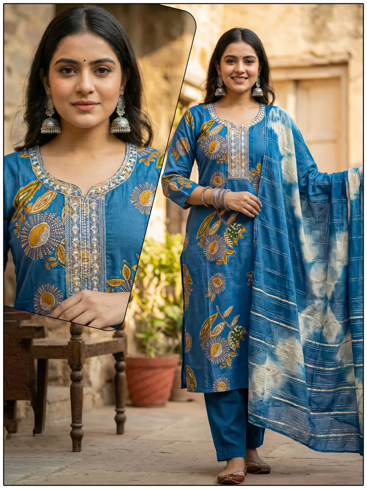 Naisha K 724 Vertican Discharge Print Kurti Pant And Dupatta Collection
