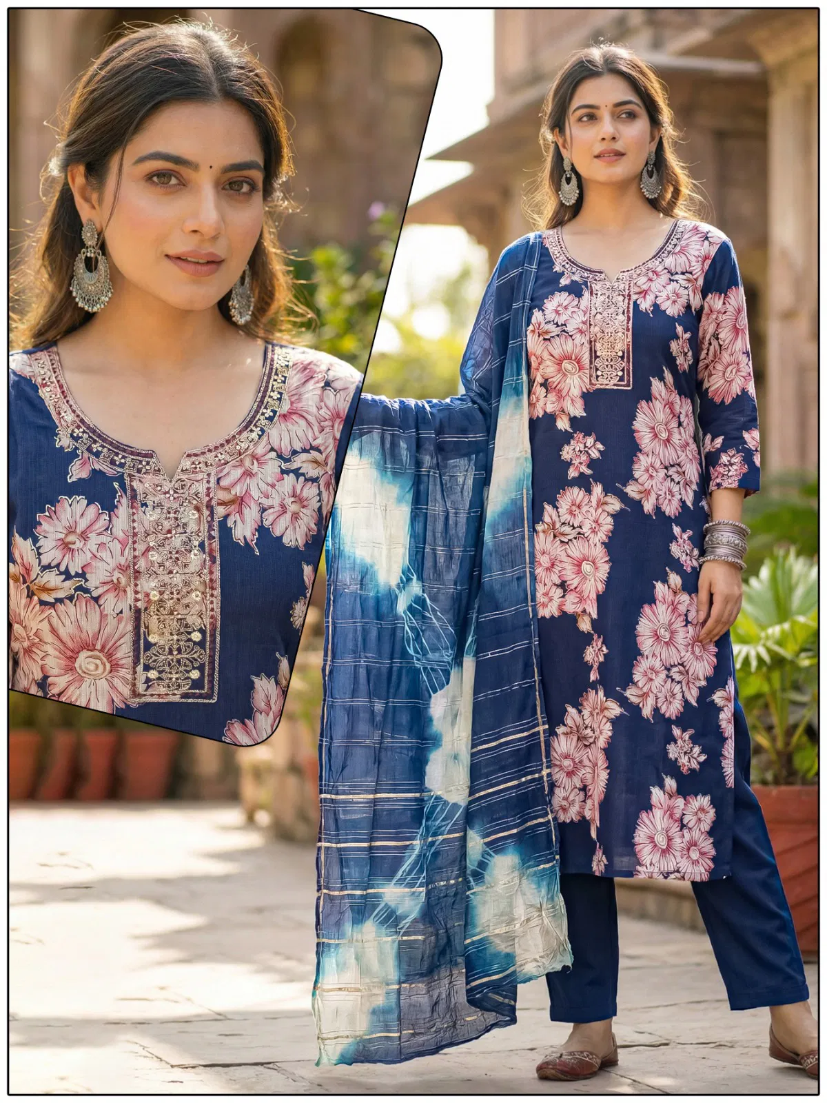 Naisha K 724 Vertican Discharge Print Kurti Pant And Dupatta Collection